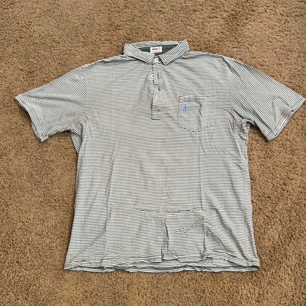 Faded green and white striped polo shirt